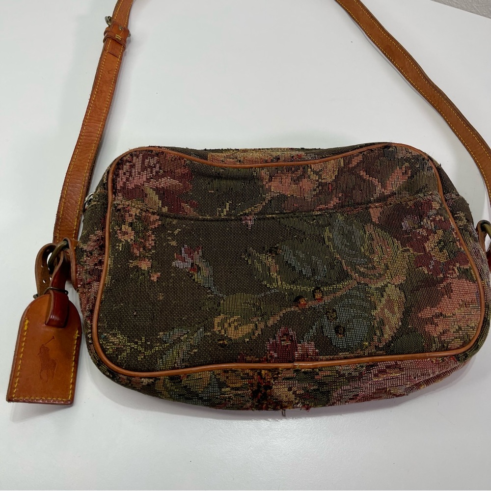 Vtg. Polo Ralph Lauren Green Tapestry Leather Shoulder Crossbody Bag Tag Charm